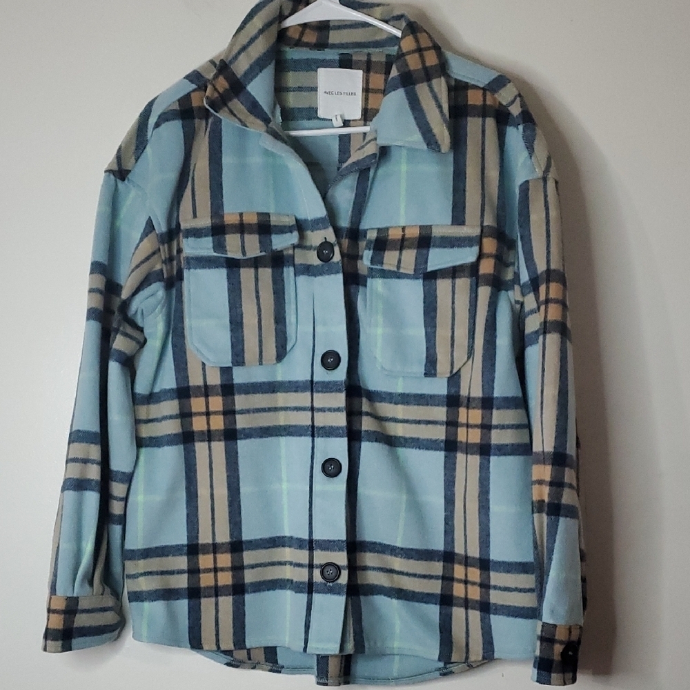 Avec Les Filles Plaid Shacket Size Medium Tiffany Blue Tan Button Shirt Flannel